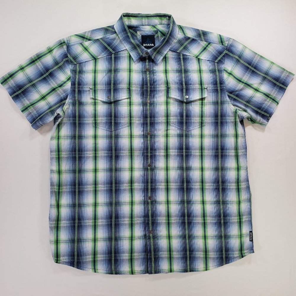 Prana Shirt Men XL Blue Green Madras Plaid Silver Snap Casual Button Up Western